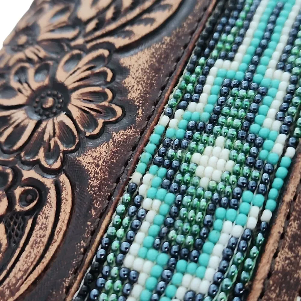 Ranger Belt Co H1020T Trifold Wallet Tooled Leather Beaded Western Brown NIB